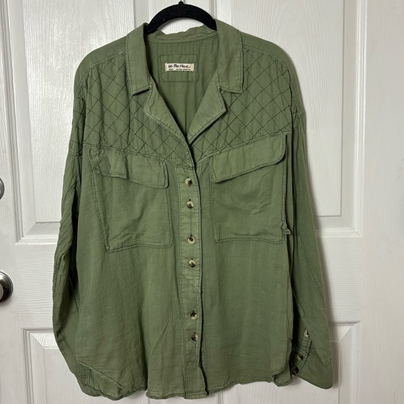 Free People We the Free Green Quilted Stitch Yoke Button up-shirt button down - Picture 2 of 14